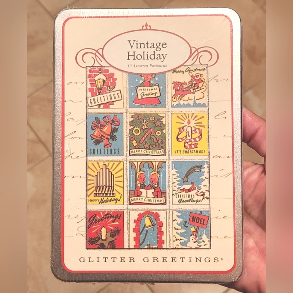 Cavallini & Co. Glitter Greetings Vintage Holiday Postcards In Tin